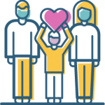 Illustration of a man, woman and child holding a heart above their head