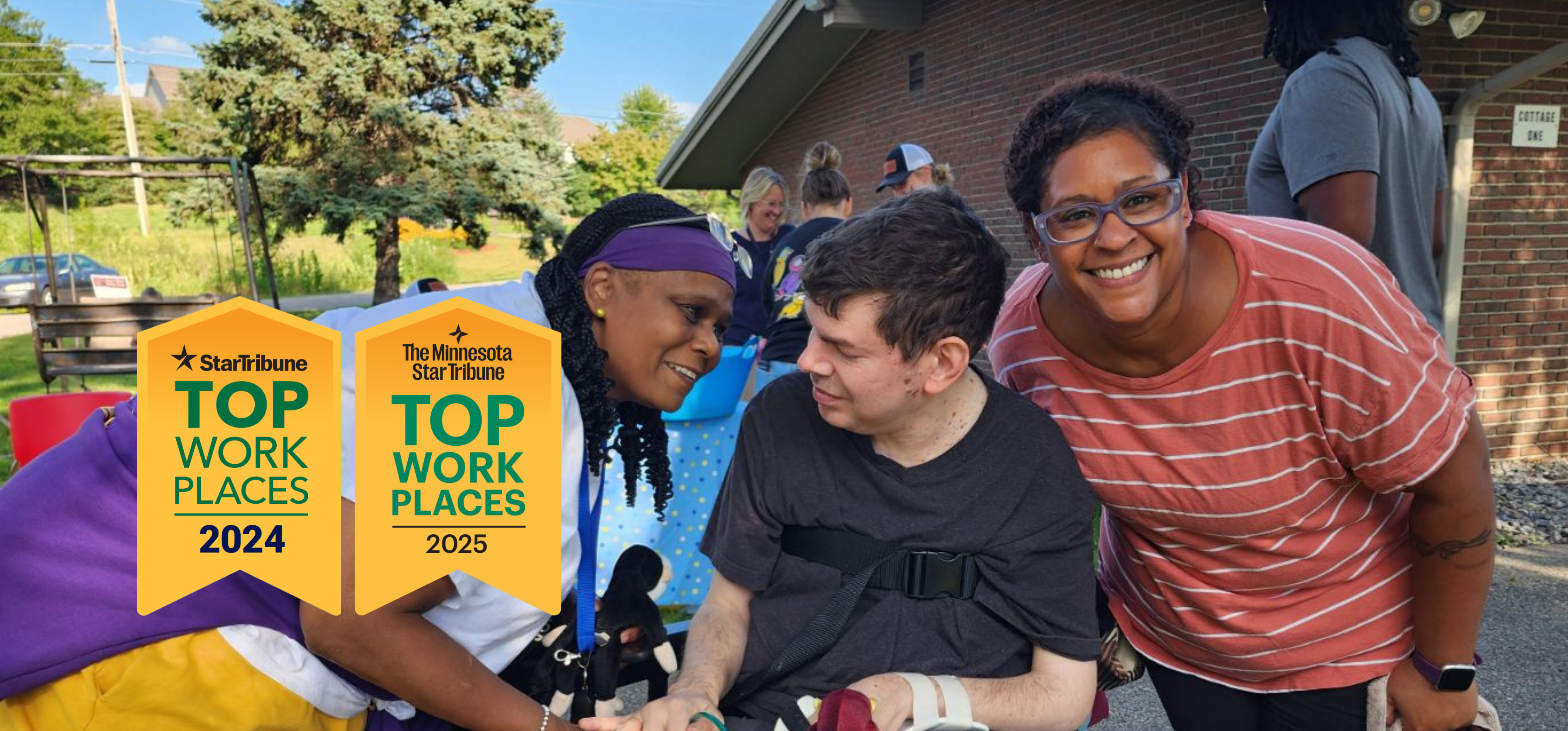 Three individuals outdoor with Top Work Places banners overlay